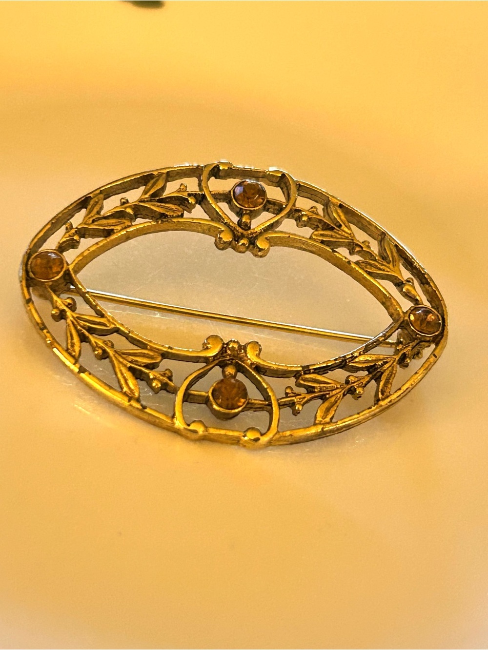 Vintage Gold Filigree Oval Brooch with Amber Accents